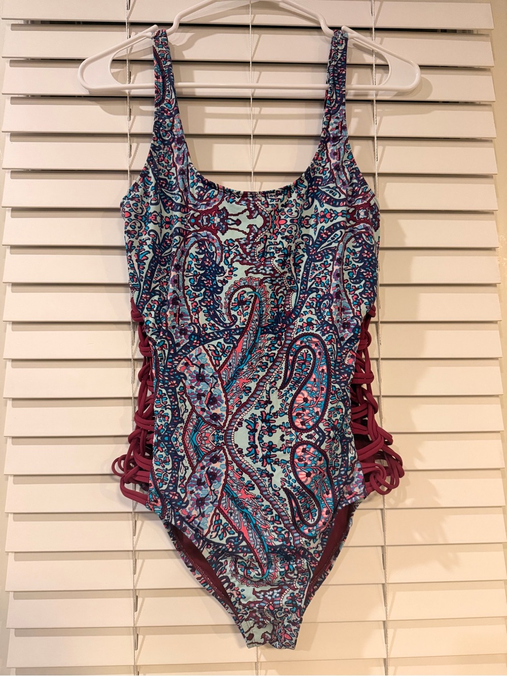 a.n.a Teal Paisley One-Piece Swimsuit with Burgundy Side Lattice